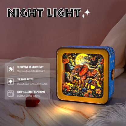 Elephant Family Under The Moon Kit- 3D Wooden Puzzle Night Light