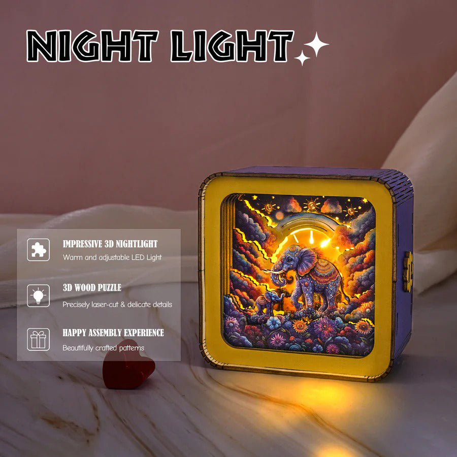 Elephant Family Time Kit- 3D Wooden Puzzle Night Light