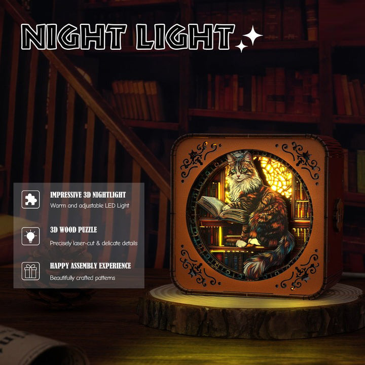 Maine Coon in the Library Kit - 3D Wooden Puzzle Night Light