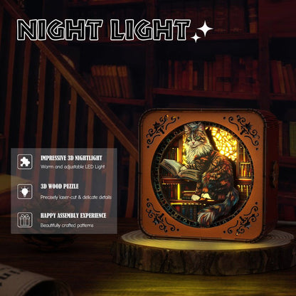 Maine Coon in the Library Kit - 3D Wooden Puzzle Night Light
